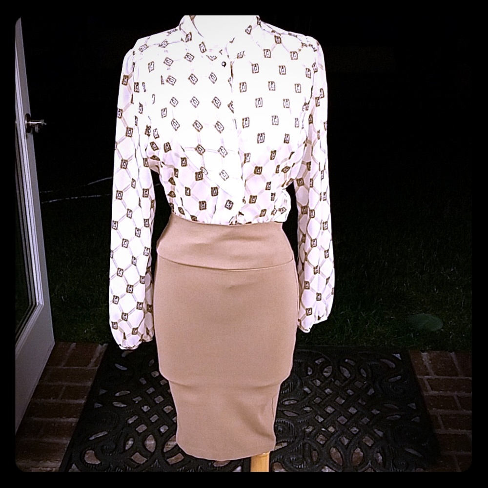 Beige pencil skirt & Long sleeve blouse